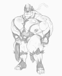 4_toes 5_fingers absurd_res andromorph anthro big_clitoris bottomwear bottomwear_aside clitoris clothing clothing_aside embarrassed feet fingers generation_8_pokemon genitals hi_res inner_labia intersex legendary_pokemon loincloth loincloth_aside looking_down mta_crossgender mti_crossgender muscular muscular_andromorph muscular_intersex nintendo nipples para-p pokemon pokemon_(species) puffy_nipples rule_63 solo toes urshifu vein vulva