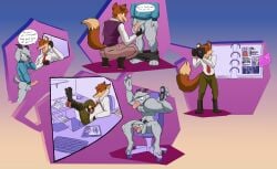 3_toes 4_toes 5_toes absurd_res after_transformation anthro ball_fondling balls binder_(object) boss_monster_(undertale) bottomless bottomless_anthro bottomwear bovid brown_body brown_fur camera canid canine caprine cellphone chair clothed clothing coffee_mug collared_shirt colored conjoined cubicle dialogue digital_drawing_(artwork) digital_media_(artwork) digitigrade dipstick_tail dishonesty dress_shirt duo electronics embarrassed entangled erection feet filing_cabinet flaccid flip_phone fondling forced forced_transformation foreskin fox fur furniture genitals gloves_(marking) goat goat_boy9 goat_boy9_(character) gradient_background green_bottomwear green_clothing green_pants grey_body grey_fur group hand_feet hi_res horn humanoid_genitalia humanoid_penis implied_transformation keyboard khaki_pants koopacoon leg_markings looking_at_viewer looking_away looking_up male male/male mammal markings multicolored_body multicolored_fur necktie office office_chair on_phone orange_body orange_fur panicking pants pawpads paws penis penis_tongue phone phone_sex photo pink_pawpads post-it_note purple_clothing purple_sweater purple_sweater_vest purple_topwear purple_vest pushmi-pullyu reclining red_fox red_necktie redacted_text richard_(goat_boy9) scut_tail sequence shirt short_tail shy simple_background smug_face socks_(marking) spilled_coffee spying story story_in_description sweater sweater_vest tail tail_markings tan_body tan_fur toes topwear transformation tricked trio true_fox unusual_anatomy unusual_genitalia_placement unusual_penis_placement upside_down_transformation vest