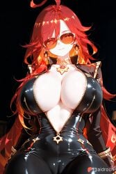 ai_generated aidroch big_breasts biker_suit black_bodysuit black_catsuit black_clothing bodysuit breast_curtains breasts catsuit choker cleavage clothing_shiny collar cowgirl_shot curvy curvy_body deep_cleavage earrings female female_only form_fitting front_zipper genshin_impact giant_breasts giant_tits glasses glossy_skin gold_accents gold_earrings gold_trim gradient_hair heavy_breasts hips hour_glass_figure huge_boobs huge_breasts jewelry jumpsuit large_boobs large_breasts large_tits latex latex_bodysuit leather leather_clothing long_hair mavuika mavuika_(genshin_impact) messy_hair necklace oiled_skin open_zipper orange_eyes orange_tinted_eyewear pale_skin perky_breasts plumpy pvc red_hair ringed_eyes round_breasts rubber rubber_clothing shiny_clothes shiny_latex shiny_leather shiny_skin skin_tight skin_tight_clothing sunglasses symbol_in_eye thick_thighs thighs thunder_thighs tight_clothing tinted_eyewear unzipped unzipped_bodysuit vacuum_sealed vinyl voluptuous voluptuous_figure wetlook wide_hips wild_hair zipper zipper_pull