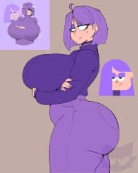 1girls big_ass blush breasts curvy duolingo earring eyeliner female female_only garp_sand huge_ass huge_breasts lily_(duolingo) purple_clothing purple_eyes purple_hair purple_shirt simple_background solo_female sweatdrop sweater tagme thick_thighs