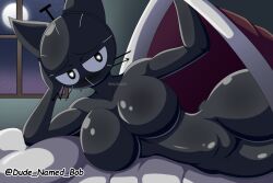 1girls anthro bed bed_sheet bedroom black_eyes black_skin blush breasts cat_ears catgirl clock_head clockat_(sabgong) dude_named_bob featureless_breasts featureless_crotch female furry heart-shaped_pupils inviting_under_covers large_breasts night nude on_side original original_character pillow tagme thick_thighs twitter_username