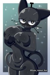 1girls anthro black_eyes black_skin blush breasts cat_ears cat_tail catgirl clock_head clockat_(sabgong) covering_breasts covering_crotch dude_named_bob embarrassed_nude_female enf featureless_breasts featureless_crotch female furry large_breasts looking_at_viewer nude original original_character spiral_pupils sweat tagme tail tail_covering_crotch thick_thighs twitter_username