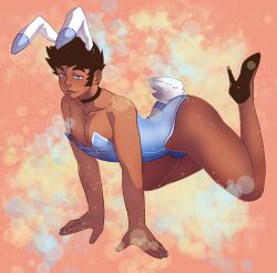 big_butt big_thighs blue_nails blue_suit bunny_ears bunny_tail bunnysuit doggy_style erotic erotic_costume georgie_(the_rock_cocks) glasses heels high_heels leslie_brown lips looking_at_viewer male male_only nipple_slip nipples on_knees purple_eyes shiny_skin short_hair smiling_at_viewer sparkles stockings stockings_thigh_highs the_rock_cocks