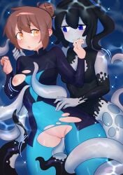 2girls absurdres blue_eyes blush breasts brown_eyes brown_hair commentary commission commissioner_upload consensual_tentacles diving_suit english_commentary from_behind highres medium_breasts monster_girl morgan_(teuthidan) multiple_girls nipples original phyluma_(teuthidan) scylla tearing_clothes tentacle tentacle_hair tentacle_sex torn_clothes torso_grab twibli1