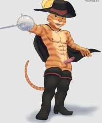anthro balls cape clothing dreamworks dreamworks_animation erection felid genitals glans hat headgear headwear hi_res male mammal melee_weapon mizukage_(artist) nude penis puss puss_in_boots:_the_last_wish puss_in_boots_(dreamworks) puss_in_boots_(film) puss_in_boots_(franchise) puss_in_boots_the_last_wish rapier shrek_(series) solo sword tail universal_pictures universal_studios weapon