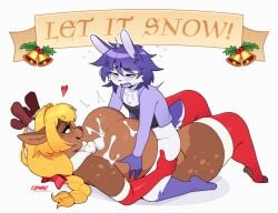 2026 2_horns 5_fingers accessory anthro antlers armwear bell big_breasts blonde_hair blush bodily_fluids braided_hair breast_grab breast_play breasts brown_body brown_fur chromapan clothing cum cum_between_breasts deer duo elbow_gloves english_text eyebrow_through_hair eyebrows female fingers flying_sweatdrops fur genital_fluids gloves green_eyes hair hair_accessory hair_ribbon hand_on_breast handwear heart_symbol hi_res holding_leg holly_(plant) horn juniper_(cyv001) lagomorph legwear leporid lying male male/female mammal mauve_(bittenbun) new_world_deer on_back open_mouth open_smile plant purple_body purple_fur purple_hair purple_tongue rabbit red_armwear red_clothing red_elbow_gloves red_eyes red_gloves red_handwear red_legwear red_thigh_highs reindeer ribbons sex short_tail signature simple_background smile sweat sweatdrop tail text thigh_highs titjob tongue translucent translucent_hair white_background white_body white_fur