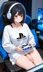 ai_generated black_eyes black_hair cute futanari gamer_girl headphones keyboard original_character playstation sony_interactive_entertainment white_shirt