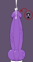 anthro big_penis black_hair bodily_fluids clothing cum cumshot digital_media_(artwork) ejaculation genital_fluids genitals hair hi_res huge_cock hyper hyper_genitalia hyper_penis knot knotted_penis lagomorph leporid male mammal moronic_(moronicpixels) moronicpixels overalls penis pixel_(artwork) purple_penis rabbit simple_background solo toony vein veiny_penis xenias98