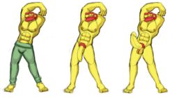 abs balls beard biceps boner bulge closed_eyes erection flaccid foreskin groundskeeper_willie human male male_only muscles nipples nude pants partially_retracted_foreskin pecs penis pubes smile solo the_simpsons topless uncut vein veiny_penis whitecorvo yellow_skin