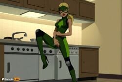 1girls after_sex ai_generated artemis_(dc) artemis_crock blonde_hair bodysuit breasts cum cum_in_pussy cumdrip dc dc_comics domino_mask female female_masturbation green_bodysuit green_footwear hi_res high_heels indoors kitchen leg_up lipstick long_hair looking_at_viewer makeup mask medium_breasts ponytail pussy rule34lab sink solo torn_clothes uncensored young_justice