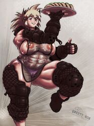 armor armored_boots big_breasts blonde_hair bumpy_areola curvy dorohedoro fat female female_only gyoza light-skinned_female light_skin muscular muscular_female nikaido plump puffy_nipples qwerty808 see_through simple_background solo thick_thighs thumbs_up white_skin