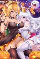 2girls big_breasts blonde_hair blue_eyes boo_(mario) boosette bowsette bracelet breasts bullet_bill busty collar crown dress earrings exlic exposed_pussy female ghost ghost_girl hair halloween heart horn long_hair mario_(series) multiple_girls new_super_mario_bros._u_deluxe nintendo no_panties pumpkin purple_eyes pussy rule_63 shell spiked_bracelet spiked_collar spiked_shell super_crown super_mario_bros. thighhighs video_games yuri