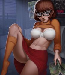 bra brown_hair dquinn89 female glasses hanna-barbera monolithic-sloth panties scooby-doo shirt_lift short_hair solo upskirt velma_dinkley white_panties