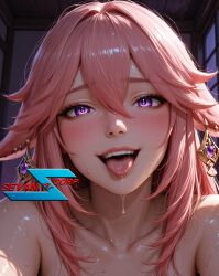 ai_generated desiree dominant genshin_impact hungry kneeling moan moaning naughty pinning_down pleasure_face pleasured pov purple_eyes sevanaicorp sex tongue yae_miko