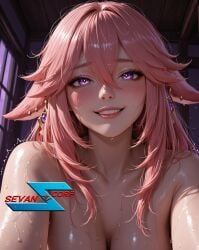 ai_generated desiree dominant genshin_impact hungry kneeling moan moaning naughty pinning_down pleasure_face pleasured pov purple_eyes sevanaicorp sex tongue yae_miko