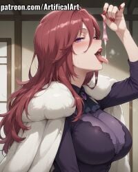 1girls ai_generated big_breasts blush clothed_sex coat condom cum cum_in_mouth cum_on_tongue drinking_cum drinking_from_condom earrings female fur_cape fur_coat fur_collar hair_between_eyes inari_yoko jewelry kemono_jihen kitsune licking licking_cum light-skinned_female light_skin lipstick makeup mature_female milf nail_polish open_mouth perfect_body purple_eyes red_hair red_lipstick red_nail_polish solo tongue_out uncensored used_condom very_long_hair watermark youkai