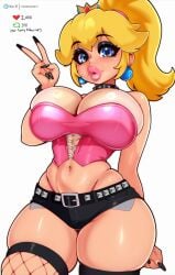 1girls belt big_breasts big_lips bimbo bimbo_lips black_eyeshadow black_nail_polish black_nails black_shorts blonde_hair bottomwear breasts cleavage clothing collar corset crown darkmoney1 ear_piercing earrings eyelashes eyeshadow female female_only fishnet_legwear fishnets hair headwear hips huge_breasts legwear like_icon lips lipstick long_nails mario_(series) nail_polish nails neckwear nintendo parted_lips peace_sign pink_corset pink_lips pink_lipstick pink_thong princess_peach retweet_icon short_shorts shorts solo solo_female spiked_collar thick_lips thick_thighs thighhighs thighs thong tied_hair topwear wide_hips