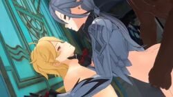 1girls 2boys 3d aether_(genshin_impact) animated arlecchino_(genshin_impact) creampie cuckold cum cum_in_pussy cum_inside dark-skinned_male dark_skin erect_penis erection female forced_to_watch genshin_impact half_naked_female hoyoverse in_front_of_cuckold interracial kayyye light-skinned_female light-skinned_male light_skin male mihoyo naked_male netorare outdoors sex_from_behind shorter_than_one_minute tagme video