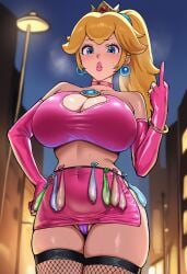 1girls ai_generated bare_shoulders blonde_hair blue_eyes bracelet breasts bridal_gauntlets choker cleavage cleavage_cutout clothing_cutout condom condom_belt crop_top crown cuckold earrings elbow_gloves female female_only fingerless_gloves fishnet_thighhighs fishnets gloves hand_on_own_hip jewelry lamppost large_breasts light-skinned_female light_skin lipgloss lips long_hair looking_at_viewer makeup mario_(series) mature mature_female microskirt miniskirt multiple_condoms netorare night nintendo outdoors panties pantyshot parted_lips pink_choker pink_gloves pink_lips pink_panties pink_skirt ponytail princess_peach skirt solo solo_female sphere_earrings sweat thighhighs thighs underwear used_condom zeulzin