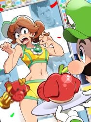 2boys absurdres belly belly_button blue_eyes bongftah brown_hair color colored crowd crowd_watching digital_drawing_(artwork) digital_media_(artwork) earrings elephant_fruit facial_hair female flower_earrings gloves green_hat hat highres jewelry luigi mario_(series) mario_kart mario_kart_world meme midriff moustache multiple_boys navel nintendo open_mouth ponytail princess_daisy princess_daisy_(swimwear)_(mario_kart_world) stomach super_mario_bros. super_mario_bros._wonder toad_(mario) trophy white_gloves youtube youtuber zack_scott zackscott zackscott's_elephant_daisy_commissions_(meme) zackscottgames