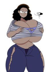 ass_expansion breast_expansion breast_hold dumbing_of_age frostbiteboi lucy_glenn navel thick_thighs torn_clothes webcomic