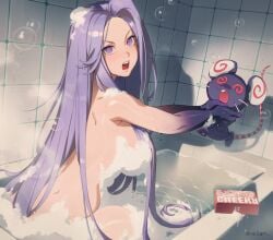 1girls @_@ aicandii bathtub big_breasts breasts bubble dnaitari female holding large_breasts long_hair looking_at_viewer mouse_(animal) nude open_mouth purple_eyes purple_hair soap soap_bubbles strangling striped_tail tail tiles vchiban virtual_youtuber vtuber water wet wet_body whiskers