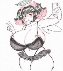 1girls :o ai_generated alternate_breast_size angels_of_delusion big_breasts blush breasts breasts_bigger_than_head cellphone cleavage frustrated gigantic_breasts highleg_panties holding_cellphone holding_object huge_breasts lingerie mini_skirt nangong_yu_(zenless_zone_zero) pixai red_eyes rokudo_sariel shaded_face sketch stable_diffusion taking_selfie thick_thighs thighs v wide_hips zenless_zone_zero