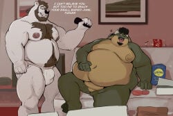 anthro barazoku bear belly belly_overhang big_belly bodily_fluids body_hair bottle bulge buried_penis can't_reach chest_hair clothing cloven_hooves container dessert detailed_bulge dialogue doughnut dragon drooling duo english_text facial_hair food fupa furniture genitals goatee hand_on_belly happy_trail hi_res holding_object hooves horn jockstrap looking_at_another male male/male mammal musclegut muscular muscular_arms muscular_legs muscular_male mythological_creature mythological_scalie mythology navel nipples pastry pecs penis polar_bear saliva scalie sex_toy sitting smile sofa standing tcw tcw_(character) text underwear ursine vibrator wand_vibrator weight_difference