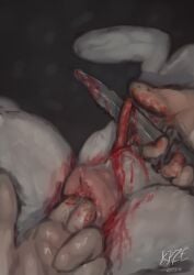 anatomically_correct anatomically_correct_genitalia anatomically_correct_vulva blood blood_splatter blurred_background bodily_fluids canid canine canis castration cock_and_ball_torture depth_of_field domestic_dog duo el_kyze female feral feral_penetrated fixing genital_mutilation genital_torture genitals glistening glistening_body gore gore_focus guro hi_res human human_on_feral human_penetrating human_penetrating_feral interspecies knife low-angle_view mammal mutilation organ_removal penetration sex simple_background uterus vulva zoophilia zoosadism