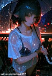 ai_generated animal_ears bangs black_bra black_hair blunt_bangs blurry blush bra bra_visible_through_clothes breasts city_lights closed_mouth collarbone cow_ears female green_eyes holding holding_umbrella jane_doe_(zenless_zone_zero) large_breasts lips looking_at_viewer night outdoors rain see-through shirt short_hair short_sleeves solo standing tail transparent transparent_umbrella umbrella underwear wet wet_clothes wet_hair wet_shirt white_shirt zenless_zone_zero