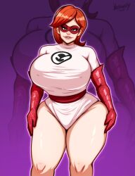 1girls armwear bare_thighs big_breasts breasts brown_eyes brown_hair domino_mask elastigirl elastigirl_(original_supersuit) eyewear female female_only gloves hair helen_parr hips huge_breasts large_breasts leotard lips mature mature_female mature_woman milf mother neitrosity red_gloves short_hair solo solo_female superhero_costume superheroine the_incredibles thick_lips thighs white_leotard