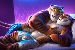 2boys ai_generated anthro bed bulge duo green_eyes groping half_naked hand_on_chest male male/male male_only mood_lighting on_bed pants smile striped_fur tail teeth tiger tiger_dancer_(zootopia) toned_male two-tone_fur zootopia zootopia_2