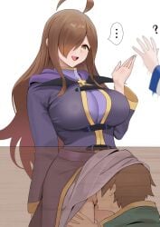 ... 1boy 2girls :d ahoge aqua_(konosuba) breasts brown_eyes brown_hair clothes_lift commentary_request cunnilingus dress dress_lift hair_over_one_eye highres huge_breasts kono_subarashii_sekai_ni_shukufuku_wo! long_hair multiple_girls open_mouth oral purple_dress pussy rlity satou_kazuma short_hair sidelocks simple_background smile solo_focus spoken_ellipsis standing straight thighs time_stop tongue tongue_out very_long_hair waving white_background wiz_(konosuba)