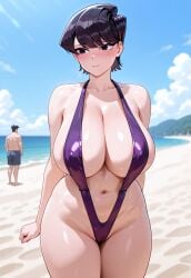aged_up_female ai_generated beach beach_background bikini blush blushing blushing_female embarrassed embarrassed_expression embarrassed_female female komi-san_wa_komyushou_desu komi_can't_communicate komi_shuuko large_boobs large_breasts large_tits male mature_female mature_woman milf plump_belly revealing_bikini revealing_swimsuit short_hair_female swimsuit thick_belly v_bikini