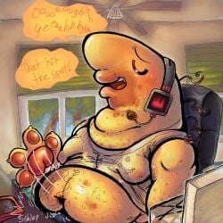 belly_overhang big_breasts big_lips body_hair bulge charlie_(smiling_friends) claws critter critter_(smiling_friends) dialogue digital_drawing_(artwork) double_chin eating facial_hair food gaming hairy love_handles male_only messy_eater musky nipples nipples_visible_through_clothing obese orange_paws overweight paws shaded sharp_teeth sillymeowster smacking_belly smiling_friends smug solo_focus squishy sweat text yellow_body
