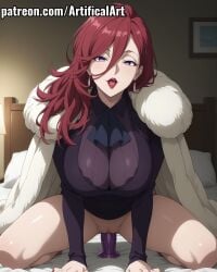 1girls ai_generated big_breasts blush clothed_sex coat dildo dildo_in_pussy earrings female female_masturbation fur_cape fur_coat fur_collar hair_between_eyes inari_yoko jewelry kemono_jihen kitsune light-skinned_female light_skin lipstick makeup masturbation mature_female milf nail_polish perfect_body purple_eyes pussy pussy_juice pussy_juice_on_dildo red_hair red_lipstick red_nail_polish riding riding_dildo sex_toy solo spread_legs uncensored vagina vaginal_masturbation very_long_hair watermark youkai