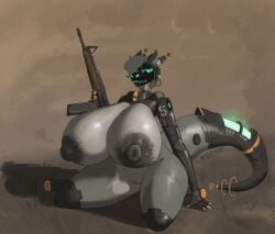 absurd_res ace0t0nic anthro axo-05_(ace0t0nic) big_breasts big_nipples breasts female genitals grey_body grey_skin gun hi_res holding_object holding_weapon horn huge_breasts kneeling machine nipples protogen ranged_weapon rifle solo tail thick_thighs vein veiny_breasts vulva weapon