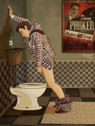 1boy alcohol bathroom benny_gecko black_hair blush checkered cigarette cigarette_in_mouth clothed detailed_background digital_drawing_(artwork) drunk fallout fallout_new_vegas holding_penis human human_only jacket leg_hair littlestfuzz male male_only necktie pants_down peeing peeing_into_toilet smoking solo_male toilet urine urine_stream watersports wine wine_bottle