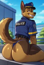 1boy ai_generated anthro big_ass big_ass_(male) big_ass_cheeks big_butt big_butt_(male) big_butt_cheeks blue_thong bottom_heavy bottom_heavy_male brown_eyes canid canine chase_(paw_patrol) fat_ass fat_ass_cheeks furry gay german_shepherd grin hat headwear high_quality highres kovasfox looking_back male male_focus outdoors paw_patrol police police_uniform sitting skimpy solo solo_male tail thick_thighs thong