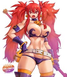 alternate_breast_size alternate_hair_length alternate_hairstyle amania_orz bare_shoulders belt black_legwear breasts bursting_breasts cleavage commentary_request dated demon_girl disgaea earrings etna eyebrows_visible_through_hair female food_themed_earrings happy huge_breasts jewelry long_hair looking_at_viewer milf nippon_ichi_software panties pointy_ears pumpkin red_eyes red_hair shiny shiny_hair shiny_skin solo staff standing thighhighs thong twintails twitter_username very_long_hair white_background wings