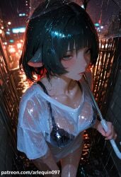 ai_generated animal_ears bangs black_bra black_hair blunt_bangs blush bra breasts closed_mouth collarbone female from_above holding holding_umbrella jane_doe_(zenless_zone_zero) lips looking_at_viewer medium_breasts mole mole_under_eye night outdoors rain see-through shirt short_hair short_sleeves solo transparent transparent_umbrella umbrella underwear watermark wet wet_clothes wet_shirt white_shirt zenless_zone_zero