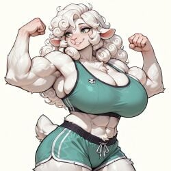 abs ai_generated anthro biceps big_biceps big_breasts breasts curly_hair cute cute_face female female_anthro female_only flexing flexing_bicep furry furry_female green_eyes gym_clothes gym_shorts huge_breasts long_hair looking_away looking_down looking_to_the_side milf muscular muscular_arms muscular_female muscular_legs oc older_female original_character paige_(velix5) sheep sheep_ears sheep_tail smile smiling solo_female sports_bra sportswear veiny veiny_arms veiny_muscles velix5 white_fur white_hair white_wool