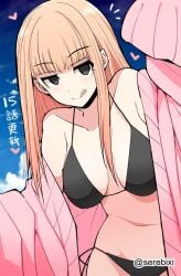 1girls 2d 2d_(artwork) 2d_artwork arm_up belly belly_button big_breasts bikini bikini_bottom bikini_top black-eyed_female black_bikini black_bikini_bottom black_bikini_top black_eyes black_swimsuit black_swimwear blonde-haired_female blonde_eyebrows blonde_female blonde_hair blonde_hair_female blue_background blunt_bangs breasts busty busty_female busty_girl character_request closed_mouth_smile coat collarbone digital digital_art digital_drawing digital_drawing_(artwork) digital_media digital_media_(artwork) eyebrows_visible_through_hair female female_focus female_only halterneck hand_up head_tilt high_resolution highres jacket large_boobs large_breasts lean_figure licking_lips long_hair looking_at_viewer midriff narrow_waist navel open_coat open_jacket pink_coat pink_jacket posing posing_for_the_viewer saegusa-san_wa_megane-senpai_to_koi_wo_egaku serebixi shoulders side-tie_bikini simple_background slender_body slender_waist slim_waist smile smiley_face smiling smiling_at_viewer solo standing string_bikini swimsuit swimwear tilted_head upper_body