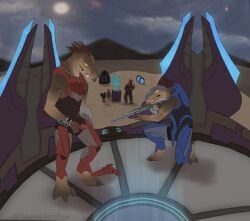 3_fingers 3_toes alien animal_genitalia animal_penis anthro armor carbine codpiece digitigrade duo duo_focus exclamation_point feet fingers genitals group half-erect halo_(series) hi_res holding_object holding_penis holding_ranged_weapon holding_weapon hologram jiralhanae kig-yar looking_at_another male masturbation microsoft outside penis pupils quill_hair ranged_weapon reaction_shot ribbed_penis ruuhtian san'shyuum scalie slipstreamtease slit_pupils surprised tan_body toes unggoy unusual_anatomy unusual_genitalia unusual_penis weapon xbox_game_studios yellow_eyes