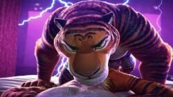 2boys abstract_background ai_generated almost_kissing almost_naked anthro bed bulge bulge_through_clothing coming_at_you disney dominant duo green_eyes looking_at_viewer male male/male male_only mood_lighting on_bed pov pov_eye_contact smiling smiling_at_viewer sniffing striped_fur tagme tiger tiger_dancer_(zootopia) toned_male two-tone_fur video zootopia zootopia_2