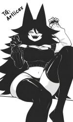 ai_generated ass black_clothing black_hair black_panties clothing fangs female female_only fundamental_paper_education large_breasts miss_circle miss_circle_(fundamental_paper_education) navel pantyhose simple_background smile thick_thighs thighs white_background