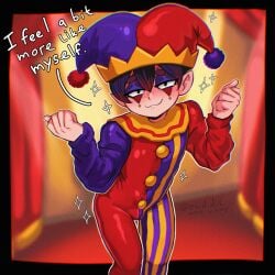 bulge dialogue femboy fully_clothed green_eyes hugh_morris jester jester_cap jester_costume jester_hat jester_outfit makeup male male_only mii nintendo osidid pointy_ears smug tagme tomodachi_life tomodachi_life:_living_the_dream twink two-tone_hair