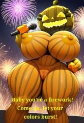 1girls ai_generated big_breasts female female_only fireworks five_nights_at_freddy's five_nights_at_freddy's_4 halloween jack_o_pumpkin_(fnaf) katy_perry lyrics microphone nipples nude pumpkin pumpkin_girl pumpkin_head pussy singing solo text