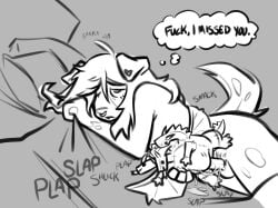 3_heads anthro bed black_and_white bodily_fluids canid canine canis coral_(coraldog) coraldog cum cum_on_penis domestic_dog dragon ear_markings english_text facial_piercing female furniture genital_fluids genitals grabbing_sheets hair hand_puppet heart_(marking) heart_symbol hi_res mammal markings messy_hair monochrome multi_head mythological_creature mythological_scalie mythology nose_piercing nose_ring penis piercing pillow plushie plushophilia pubes ring_piercing scalie solo sound_effects tail text thought_bubble