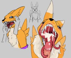 anthro bandai_namco black_sclera blue_eyes bodily_fluids cum cum_inside digimon digimon_(species) duo erection female female_penetrated fur genital_fluids genitals long_tongue male male/female male_penetrating male_penetrating_female mammal mouth_play multi_tongue open_mouth penetration penile penis pimientanas renamon saliva sex simple_background teeth tongue tongue_out white_body white_fur yellow_body yellow_fur